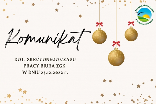 Komunikat - skrócony czas pracy biura ZGK w dniu 2022-12-23