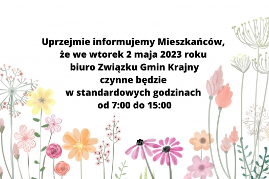 Komunikat dot. godzin pracy biura Związku w dniu 2 maja 2023 r.