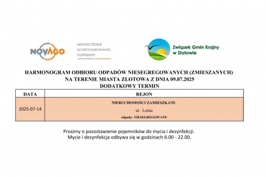 Dodatkowy termin mycia i dezynfekcji pojemników - Miasto Złotów - ul. Leśna - nieruchomości zamieszkane - odpady niesegregowane 